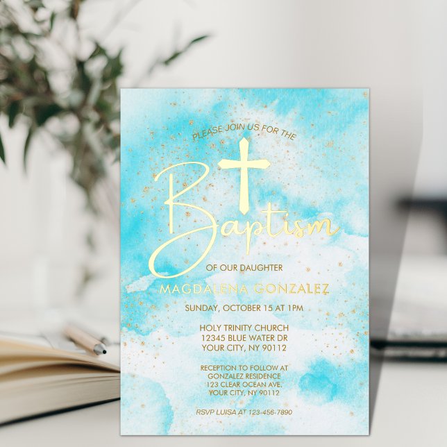 Elegant Aqua Blue Watercolor Gold Cross Baptism (Creator Uploaded)