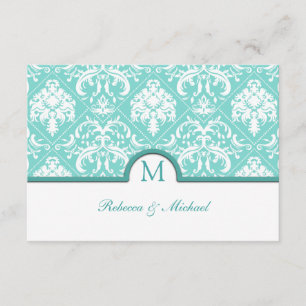 Elegant Aqua Blue & White Damask Monogram RSVP Card