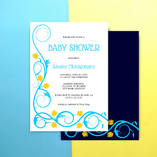 Elegant Aqua Blue Yellow Floral Swirls Baby Shower Invitation