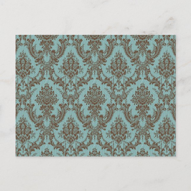 Elegant Aqua & Chocolate Damask Pattern | Vintage  Postcard (Front)
