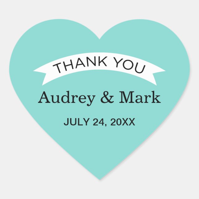 Elegant Aqua Custom Wedding Monogram Thank You Heart Sticker (Front)