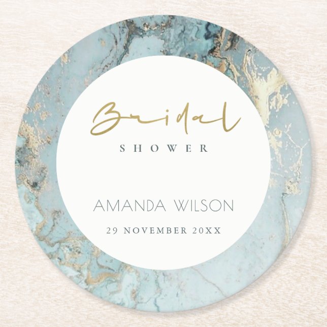 ELEGANT AQUA DUSKY BLUE GOLD AGATE BRIDAL SHOWER  ROUND PAPER COASTER (Front)