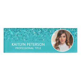 Elegant Aqua Glitter Employee Photo ID Name Tag
