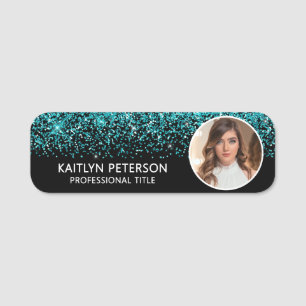 Elegant Aqua Glitter Magnetic Employee Photo ID  Name Tag