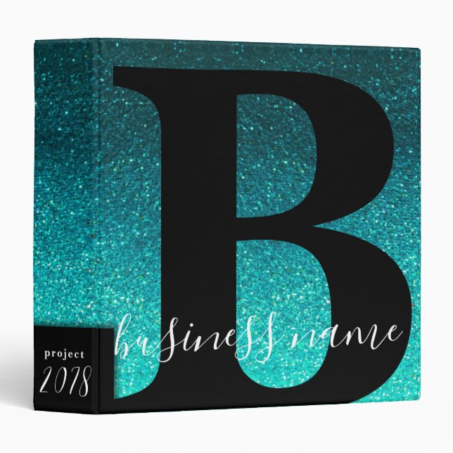 Elegant Aqua Glitter Monogrammed Wedding Cookbook Binder (Front/Spine)