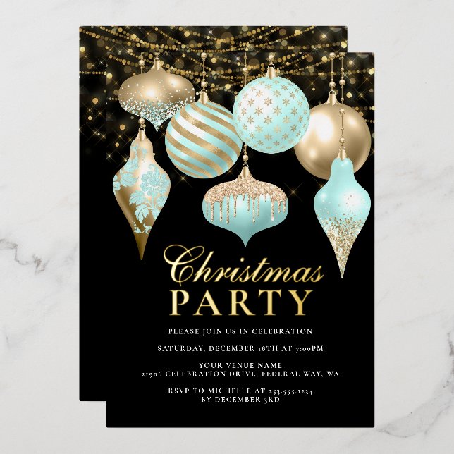Elegant Aqua Gold Ornaments Christmas Party (Front/Back)