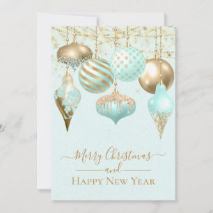 Elegant Aqua Gold Ornaments Merry Christmas  Card