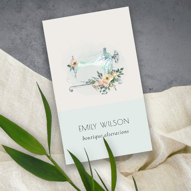 Elegant Aqua Grey Sewing Machine Floral Tailor Business Card (Creator Uploaded)