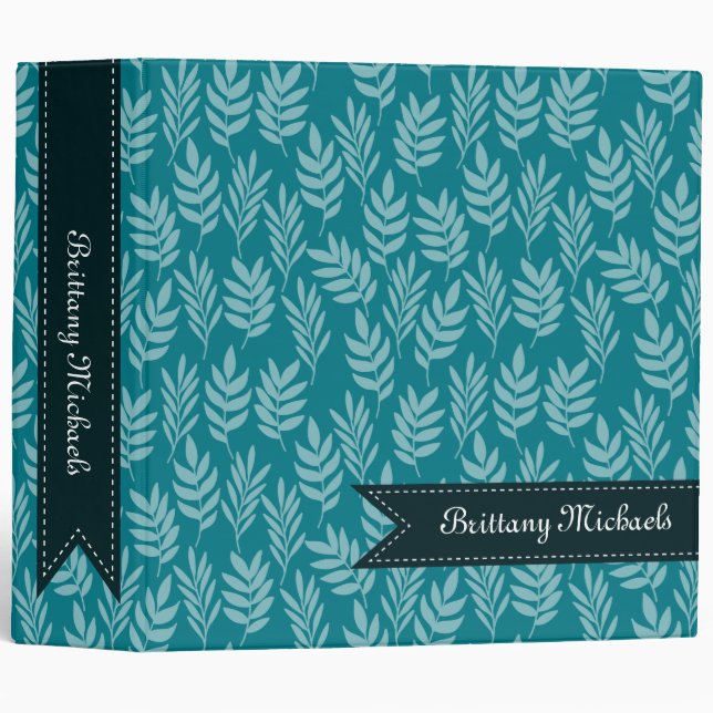 Elegant Aqua Leaves on Teal Pattern With Name Binder (Front/Spine)
