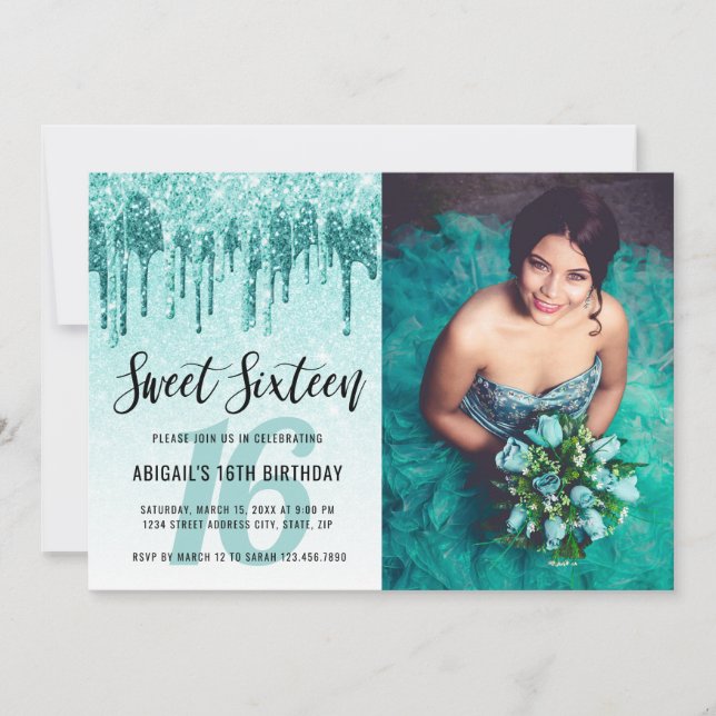 Elegant aqua mint glitter drips sweet sixteen invitation (Front)