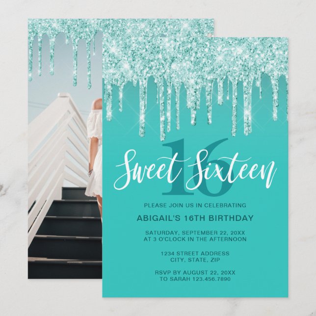 Elegant aqua mint glitter drips sweet sixteen  invitation (Front/Back)