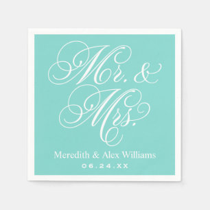 Elegant Aqua Mr and Mrs Script Custom Monogram Napkin