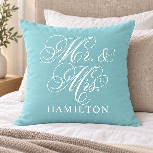 Elegant Aqua Mr and Mrs Script Wedding Throw Pillow