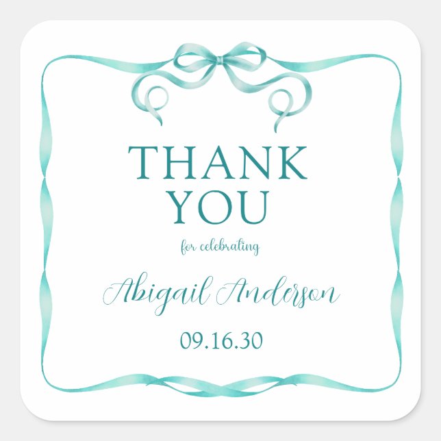Elegant Aqua Ribbon Baby Shower Thank You Square Sticker (Front)