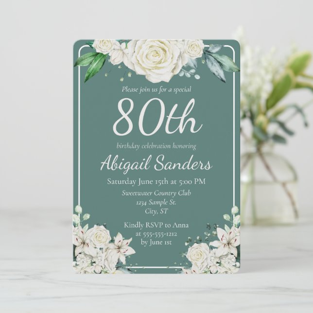 Elegant Aqua Rose Floral 80th Birthday Party  Invitation (Standing Front)