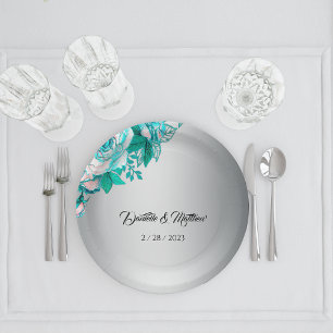 Elegant Aqua Roses on Silver Wedding Paper Plate