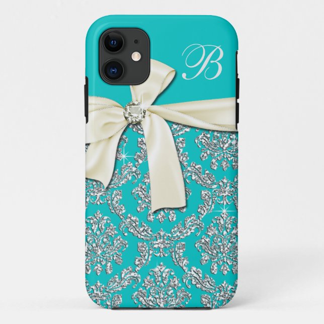 Elegant Aqua Silver Damask Diamond Bow Monogrammed Case-Mate iPhone Case (Back)