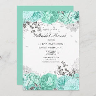 Elegant Aqua Silver Floral Bridal Shower  Invitation