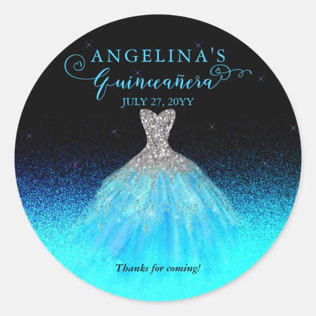 Elegant Aqua | Silver Spanish Gown Quinceañera  Classic Round Sticker (Front)