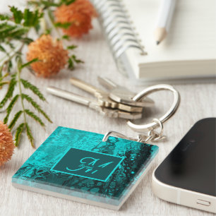 Elegant Aqua Teal bold Script Monogram Keychain