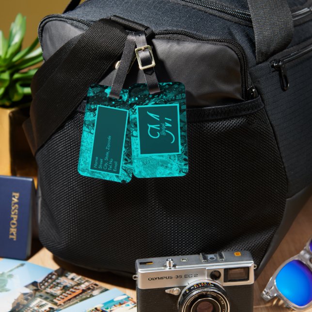 Elegant Aqua Teal bold Script Monogram Luggage Tag (Front & Back)
