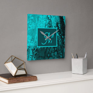 Elegant Aqua Teal bold Script Monogram Square Wall Clock