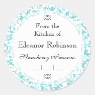 Elegant Aqua Teal Damask Swirl Scrolls Classic Round Sticker