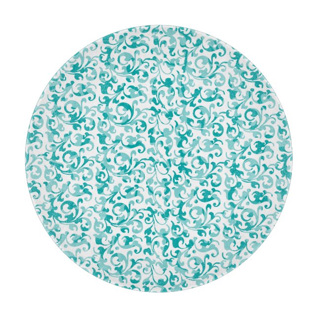 Elegant Aqua Teal Damask Swirl Scrolls Cutting Board (Front)