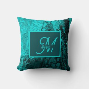 Elegant Aqua Teal marble bold typography Monogram Throw Pillow