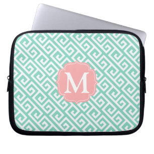 Elegant Aqua Turquoise Blue Greek Key Personalized Laptop Sleeve