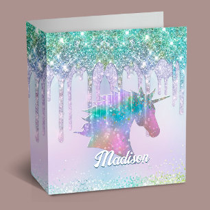 Elegant aqua Unicorn Glitter Drips monogram Binder