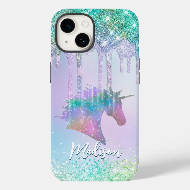 Elegant aqua Unicorn Glitter Drips monogram Case-Mate iPhone Case (Back)