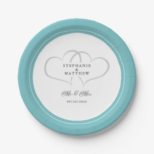 Elegant Aqua White Mr & Mrs Wedding  Paper Plate
