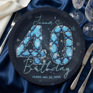Elegant Aquamarine Blue Jewel 40th Birthday Paper Plate