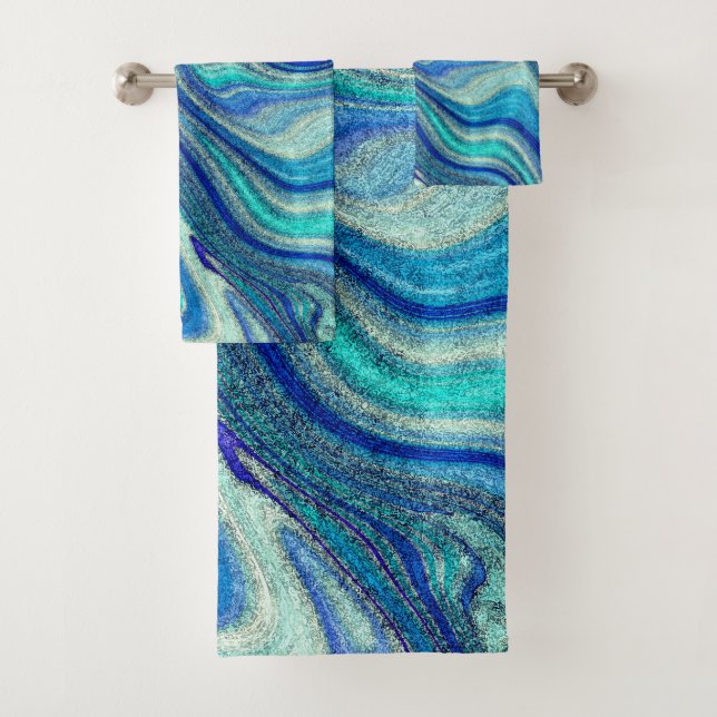 Elegant Aquamarine Paua Rainbow Shell Inspired Bath Towel Set (Insitu)