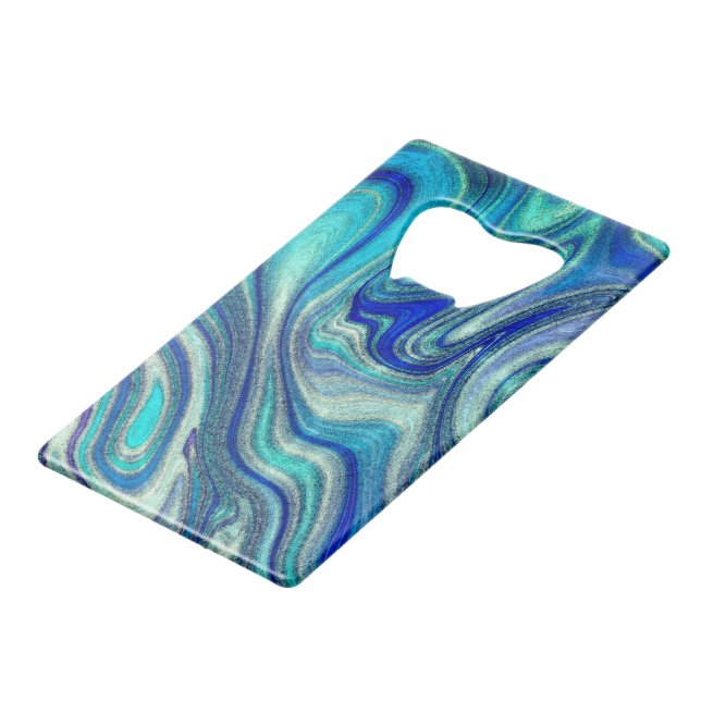 Elegant Aquamarine Paua Rainbow Shell Inspired Credit Card Bottle Opener (Front Angled)