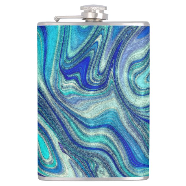 Elegant Aquamarine Paua Rainbow Shell Inspired Hip Flask (Front)