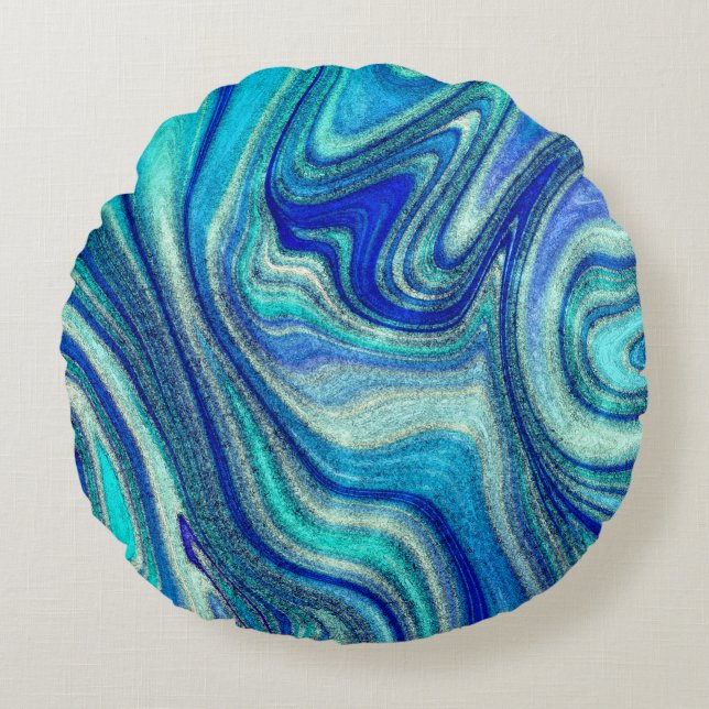 Elegant Aquamarine Paua Rainbow Shell Inspired Round Pillow (Front)