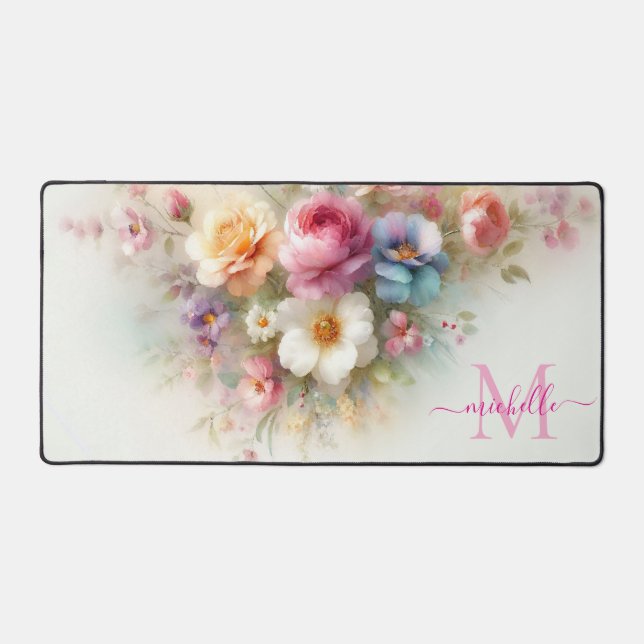Elegant Aquarell Floral Custom Name Modern Desk Mat (Front)