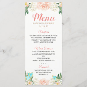 Elégant Aquarelle Bleu Peach Floral Menu Mariage