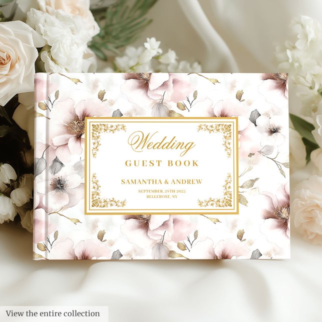 Elégant Aquarelle Blush Flower Mariage Livre d'inv (Elegant watercolor blush gold wedding guest book)