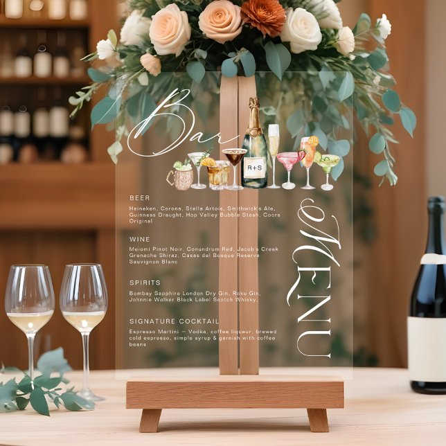 Elégant Aquarelle Cocktails Bar Mariage Menu (Elegant Watercolor Cocktails Wedding Bar Menu Acrylic Sign)