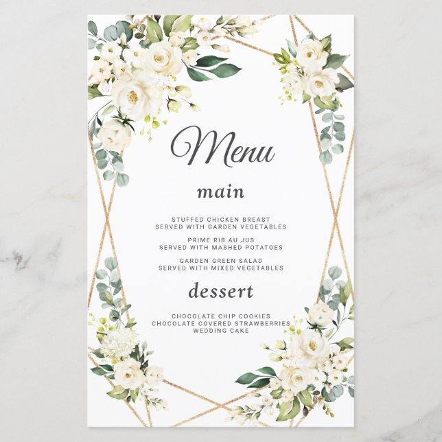 Elégant Aquarelle Fleurs blanches Mariage or Menu (Devant)
