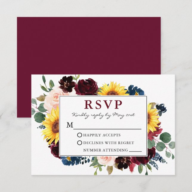 Elégant aquarelle Floral Bourgogne Mariage RSVP (Devant / Derrière)