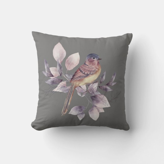 Elégant Aquarelle Oiseau Gris Oreiller (Recto)