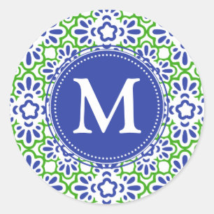 Elegant Arabesque Damask Blue & Green Personalized Classic Round Sticker