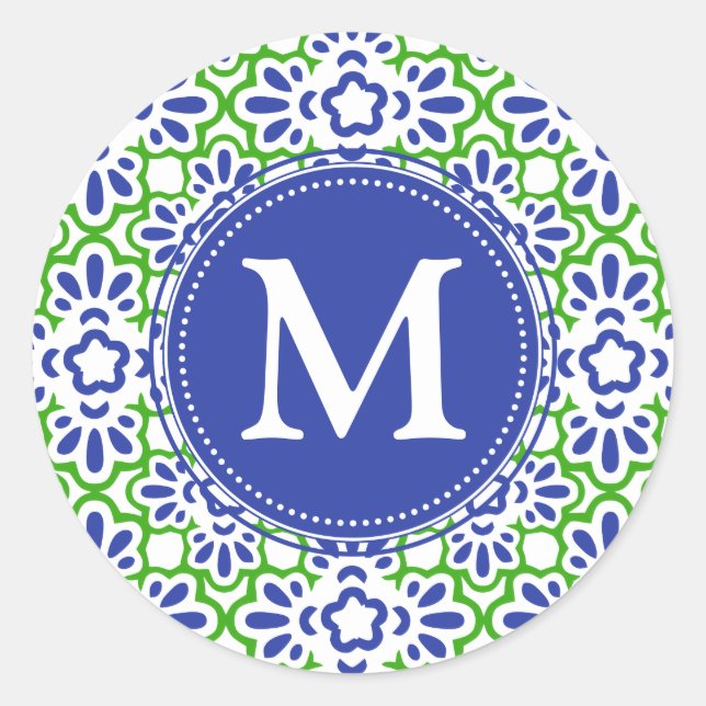 Elegant Arabesque Damask Blue & Green Personalized Classic Round Sticker (Front)