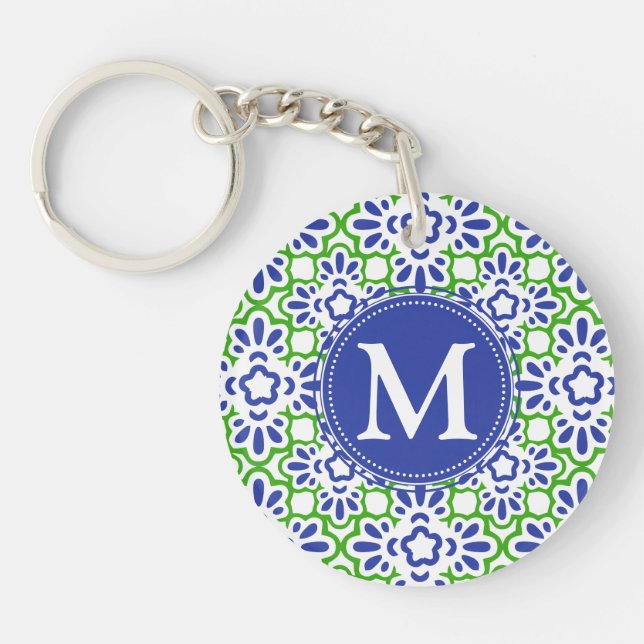 Elegant Arabesque Damask Blue & Green Personalized Keychain (Front)