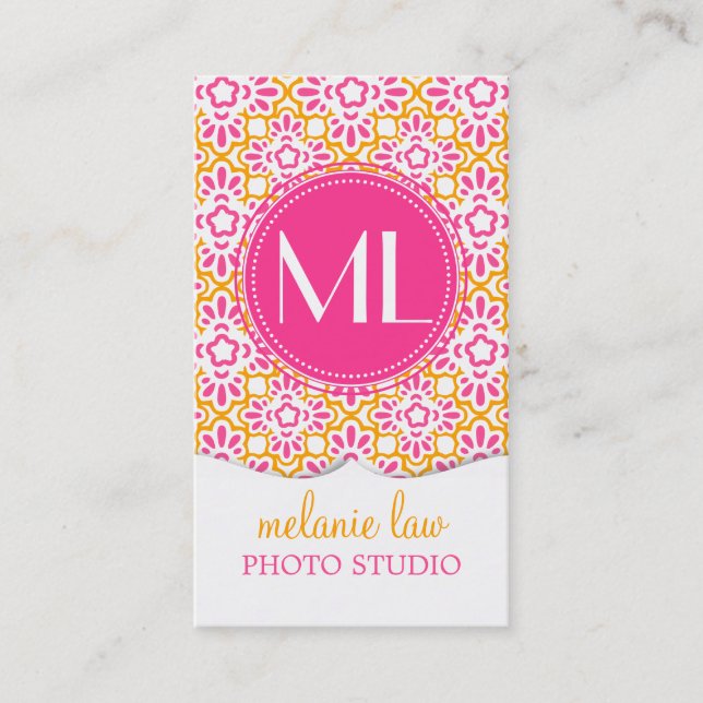 Elegant Arabesque Damask Hot Pink Personalized Business Card (Front)