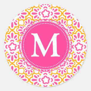 Elegant Arabesque Damask Hot Pink Personalized Classic Round Sticker
